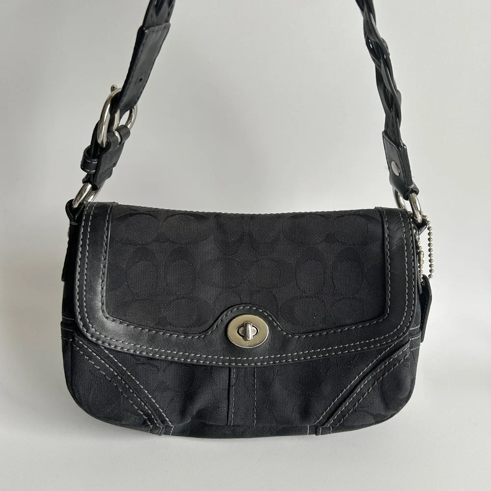 Coach Chelsea Black Signature Canvas Leather Shoulder Bag 11014 Good